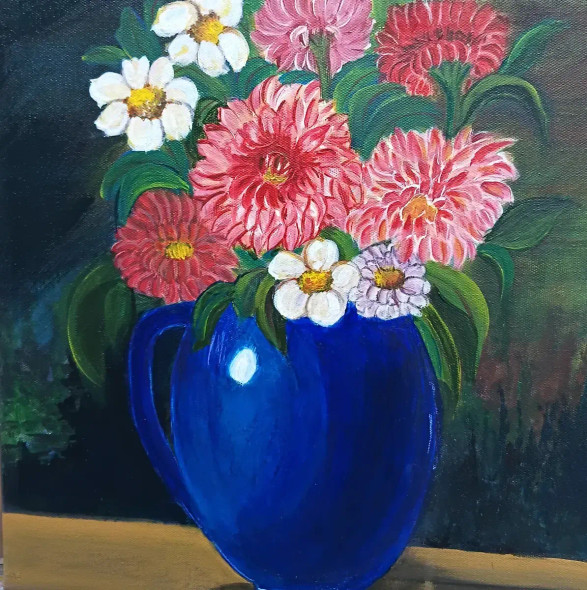 Midnight Dahlias: Cobalt Embrace (ART-17719-121047) - Handpainted Art Painting - 12in X 12in
