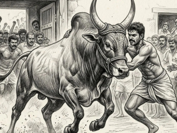 Jallikattu: The Spirit Of Valor (ART-18384-121041) - Handpainted Art Painting - 12in X 10in