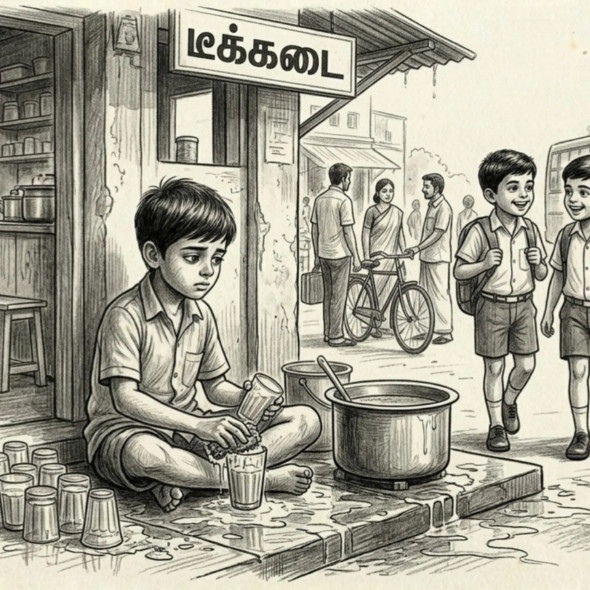 Shadows Of Childhood: The Tea Stall Worker (ART-18384-121042) - Handpainted Art Painting - 12in X 10in