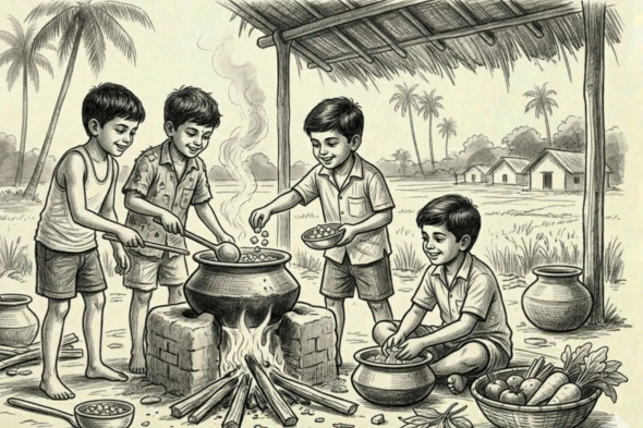 Village Childhood - Joy Of Outdoor Cooking (ART-18384-121031) - Handpainted Art Painting - 12in X 10in