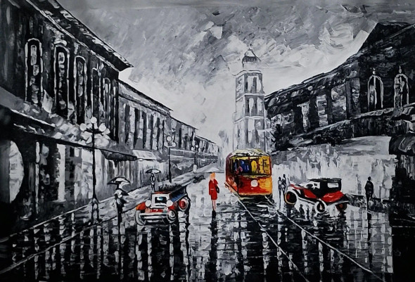 Tram (ART-1005-121296) - Handpainted Art Painting - 36in X 24in