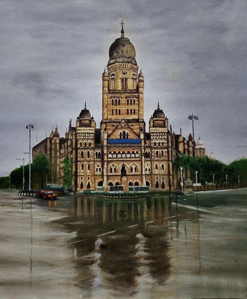 Mumbai Municiple Corporation Bulding (ART-1005-121297) - Handpainted Art Painting - 20in X 22in