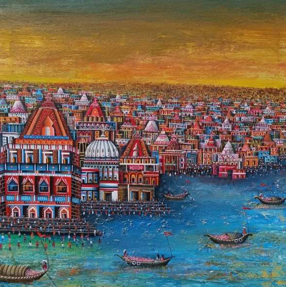 Golden Varanasi (ART-8439-121158) - Handpainted Art Painting - 24in X 24in