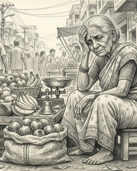 The Weary Market Seller (ART-18384-121030) - Handpainted Art Painting - 12in X 10in