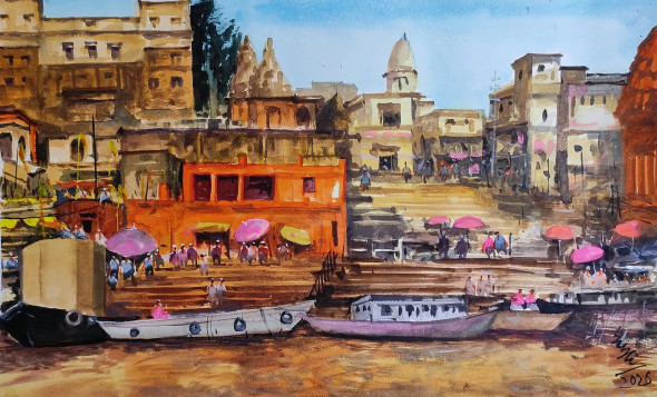 Banaras Ghat (ART-7901-121450) - Handpainted Art Painting - 22in X 14in