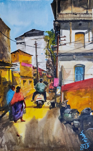 Banaras Gali (ART-7901-121447) - Handpainted Art Painting - 14in X 22in
