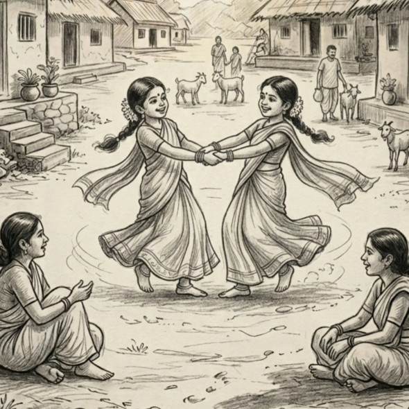 Circles Of Friendship - Traditional Village Play (ART-18384-121410) - Handpainted Art Painting - 12in X 10in