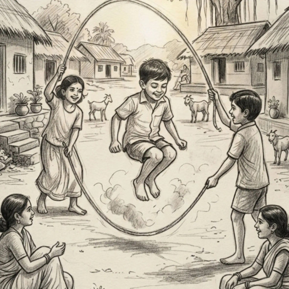 Village Joys - Skipping Rope (ART-18384-121408) - Handpainted Art Painting - 12in X 10in