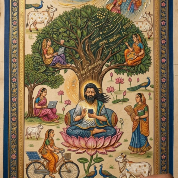 The Digital Bodhi: Ancient Wisdom In A Modern Era (ART-18384-121396) - Handpainted Art Painting - 13in X 13in