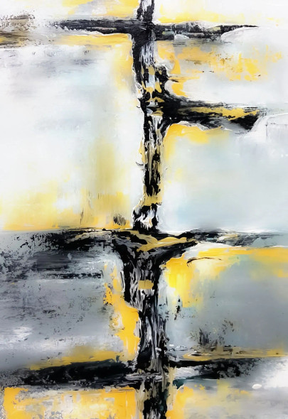 Bold Black Cross With Yellow Abstract Texture (ART-8156-121123) - Handpainted Art Painting - 15in X 21in