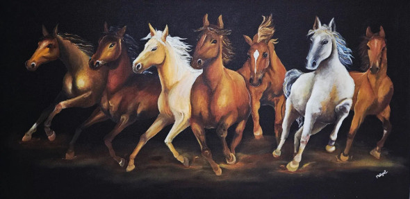 SEVEN HORSE (ART-16480-121442) - Handpainted Art Painting - 48in X 24in