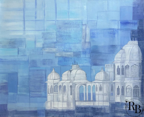 Abstract Lake Palace Udaipur (ART-17575-121402) - Handpainted Art Painting - 32in X 23in
