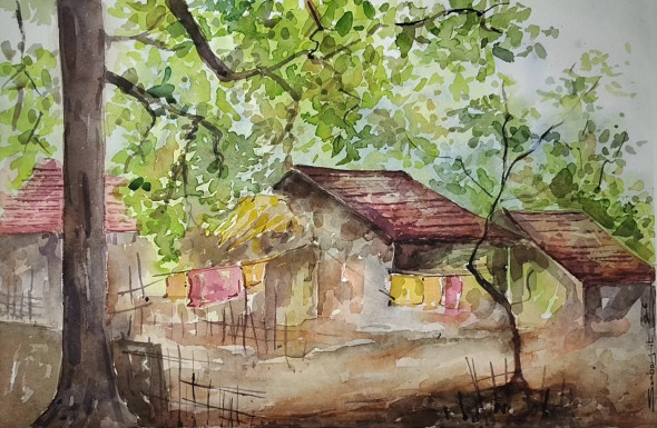 Whispers Of A Quiet Village (ART-17209-121285) - Handpainted Art Painting - 22in X 15in