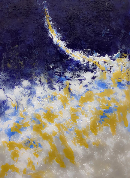 Blue White Textured Abstract With Golden Movement (ART-8156-121130) - Handpainted Art Painting - 15in X 21in