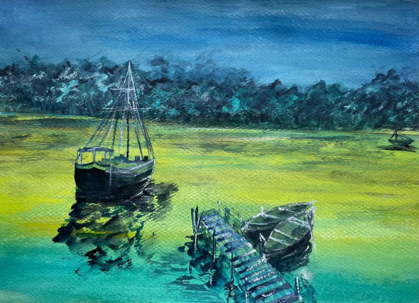 Serene View Of Sea And Boats (ART-8841-121113) - Handpainted Art Painting - 14in X 10in