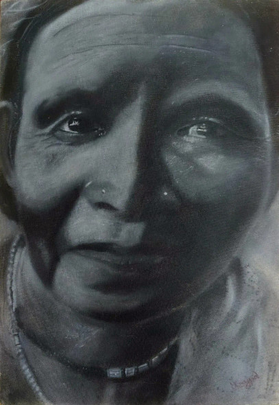Old Tribal Lady (ART-18365-121097) - Handpainted Art Painting - 11in X 16in