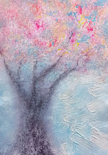 Cherry Blossom Tree Textured Abstract Modern Canvas (ART-8156-121254) - Handpainted Art Painting - 15in X 21in