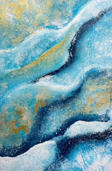 Blue Wave Abstract Painting With Gold Accents (ART-8156-121207) - Handpainted Art Painting - 14in X 21in