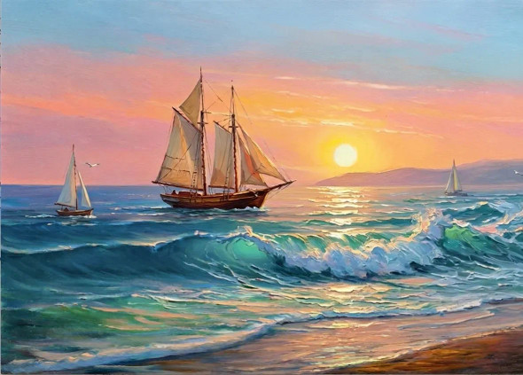 Ocean Seascape Ships Sailing (ART-3319-121200) - Handpainted Art Painting - 40in X 30in