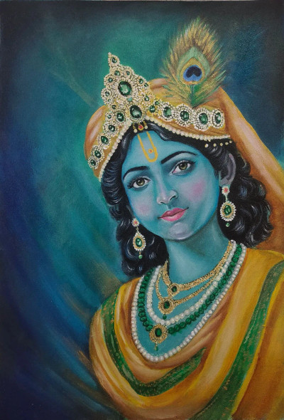 Krishna (ART-18387-121418) - Handpainted Art Painting - 12in X 16in