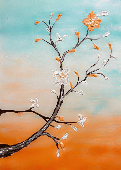 Floral Branch Painting With Soft Blue Orange Background (ART-8156-121149) - Handpainted Art Painting - 15in X 21in