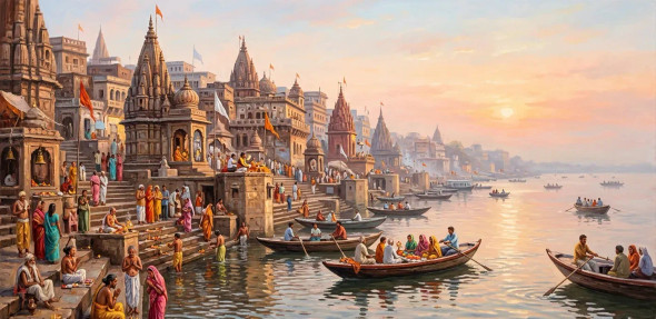 Banaras Ghat Painting (ART-3319-121468) - Handpainted Art Painting - 60in X 36in