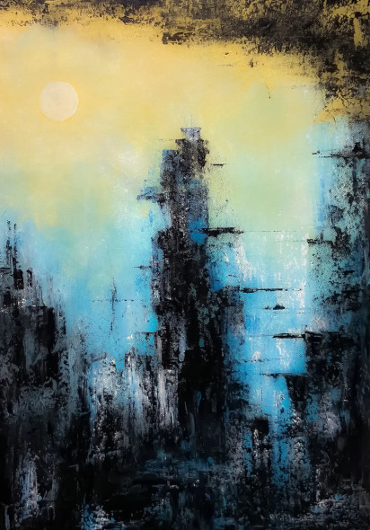 Moody Abstract Cityscape Blue Gold Textured Canvas (PRT-8156-121327) - Canvas Art Print - 17in X 24in