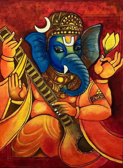 AGNI-NEEL VINAYAK (ART-18376-120965) - Handpainted Art Painting - 18in X 24in