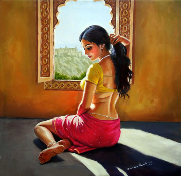 "A Beautiful Indian Princess Lady With Her Deepest Desires" (ART-5244-121454) - Handpainted Art Painting - 36in X 35in