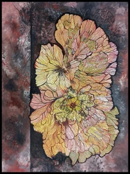 “Textured Bloom Harmony” (ART-16808-121358) - Handpainted Art Painting - 14in X 18in