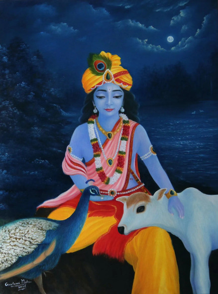 Krishna Love (ART-976-120769) - Handpainted Art Painting - 30in X 40in