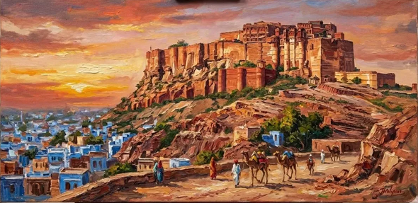 Jodhpur Fort Painting (ART-7757-121655) - Handpainted Art Painting - 48in X 30in