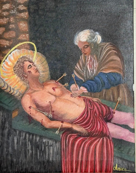 Acrylic Painting - A Painting Of St. Sebastian On A Canvas (ART-18425-121652) - Handpainted Art Painting - 16in X 12in