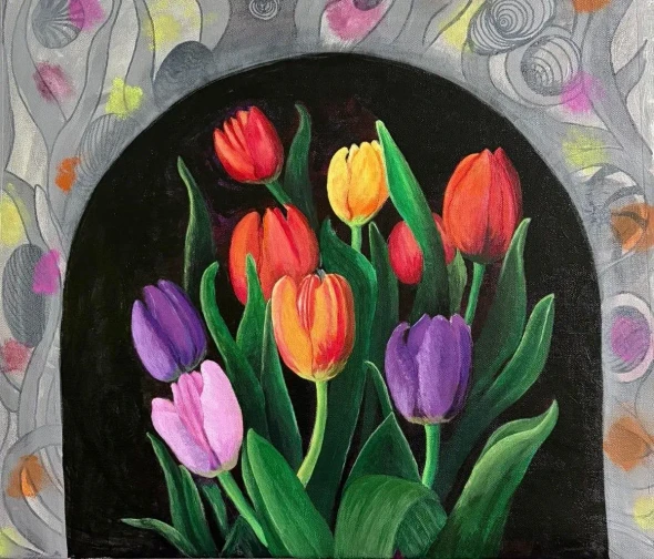 Acrylic Painting-Timeless Tulips On Canvas (ART-18425-121650) - Handpainted Art Painting - 22in X 21in