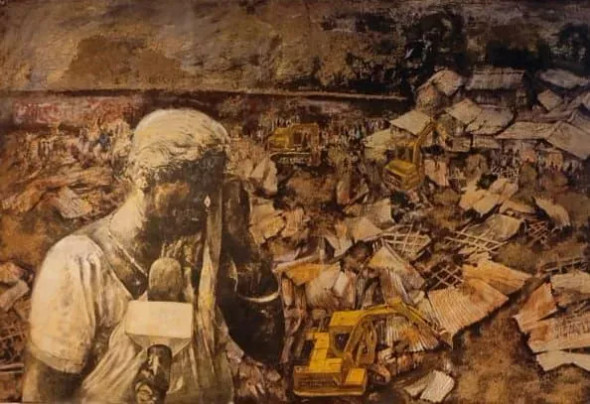 Slum Eviction (ART-18009-121638) - Handpainted Art Painting - 44in X 30in