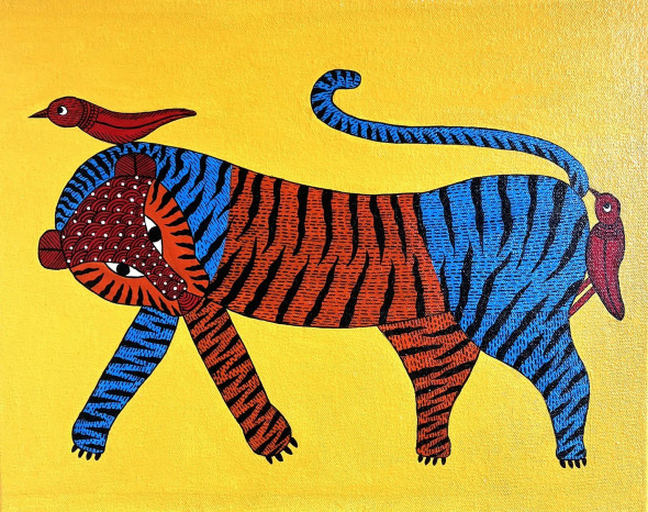 Gond Art Tiger Painting – Tribal Folk Art From India (ART-17034-121595) - Handpainted Art Painting - 15in X 12in