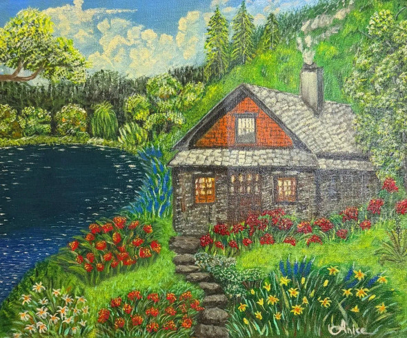 Acrylic Painting- Lakeside Cottage (ART-18425-121645) - Handpainted Art Painting - 16in X 13in