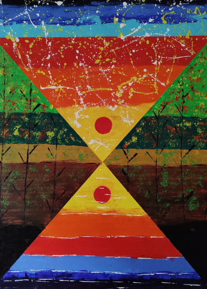 Dual Horizons: Geometric Sunset Abstract (ART-16710-121609) - Handpainted Art Painting - 18in X 24in