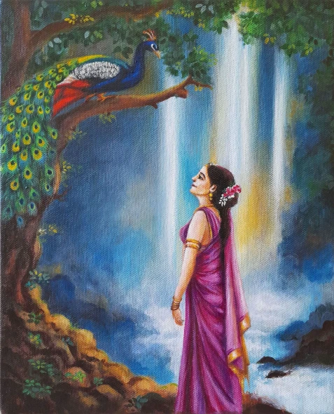The Waterfall Encounter (ART-8857-121802) - Handpainted Art Painting - 9in X 11in
