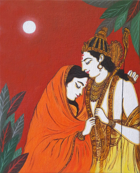Sita-Ram: Prema Aur Shanti (ART-8857-121800) - Handpainted Art Painting - 9in X 11in