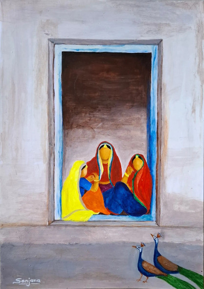 Gossip Girls-II (ART-8714-122088) - Handpainted Art Painting - 8in X 10in