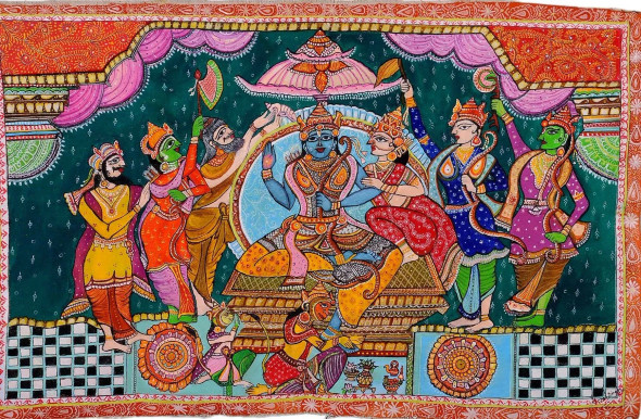 Patachitra - Lord Ram Darbar (ART-1389-122112) - Handpainted Art Painting - 30in X 18in
