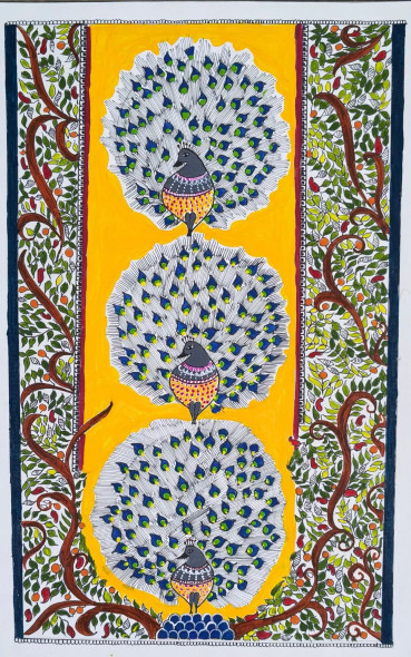 Madhubani Painting (ART-1389-122124) - Handpainted Art Painting - 9in X 12in