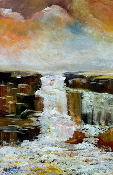 Golden Waterfall (ART-18487-122163) - Handpainted Art Painting - 13in X 20in