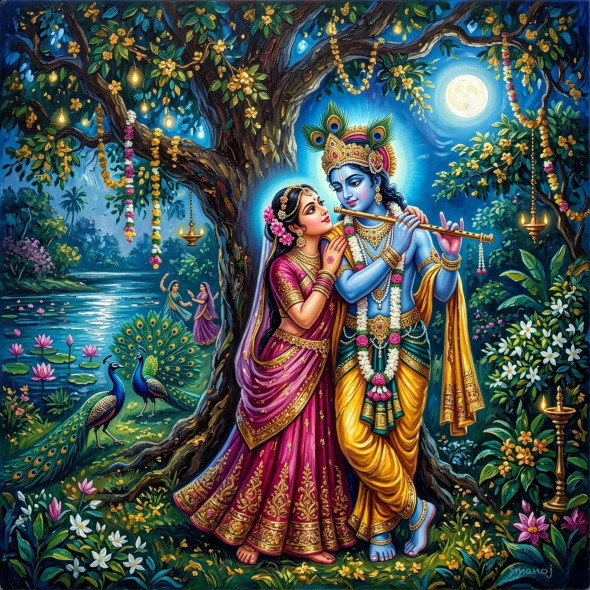 Romantic Radha Krishna In Vrindavan - Moonlit Divine Love  Art (PRT-8740-122119) - Canvas Art Print - 18in X 18in