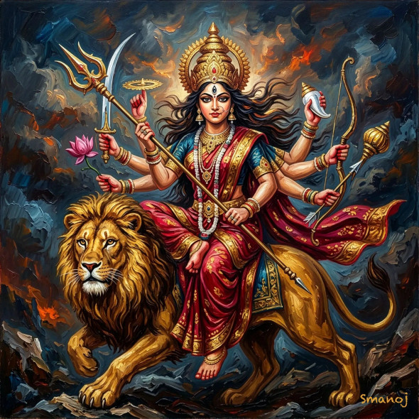 Fierce Goddess Durga Mahishasura Mardini Painting - Powerful Spiritual Art (PRT-8740-122116) - Canvas Art Print - 18in X 18in