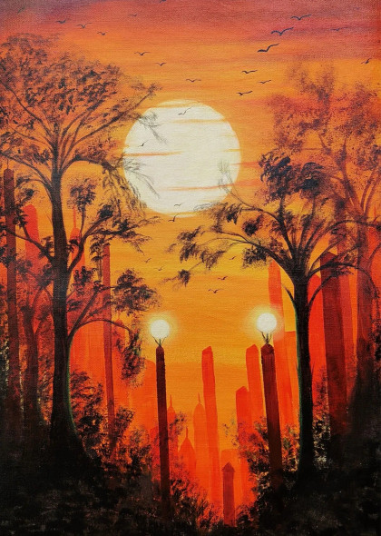 Urban Sunset Glow | Warm Handpainted Landscape Painting | Modern Wall Art For Home Decor (ART-16710-122199) - Handpainted Art Painting - 18in X 24in