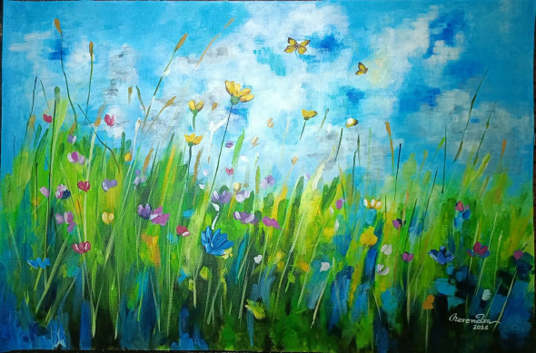 Whispers Of Spring – Abstract Wildflower Meadow Painting (ART-3674-122139) - Handpainted Art Painting - 36in X 24in