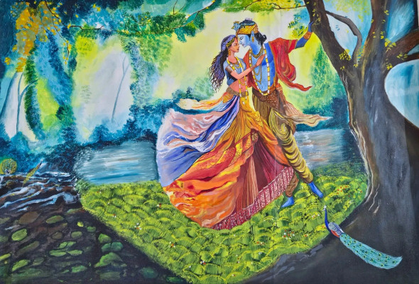 Radha Krishna Painting (ART-6189-122177) - Handpainted Art Painting - 40in X 31in