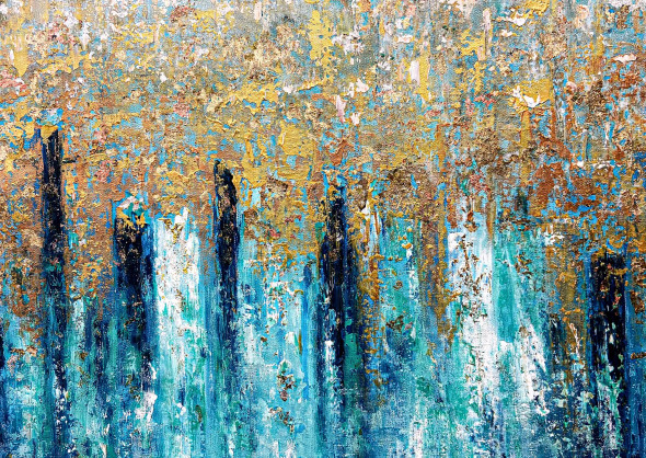 Golden Tide Reflection Abstract Painting (ART-8156-121930) - Handpainted Art Painting - 15in X 21in